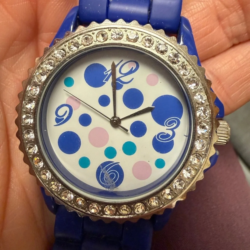 GT Blue Silicone Polka Dot Watch Rhinestone Bezel Japan Movement WORKS